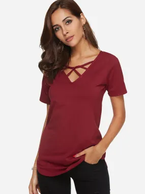 Custom V-Neck Plain Crossed Front Short Sleeve Curved Hem Burgundy T-Shirts