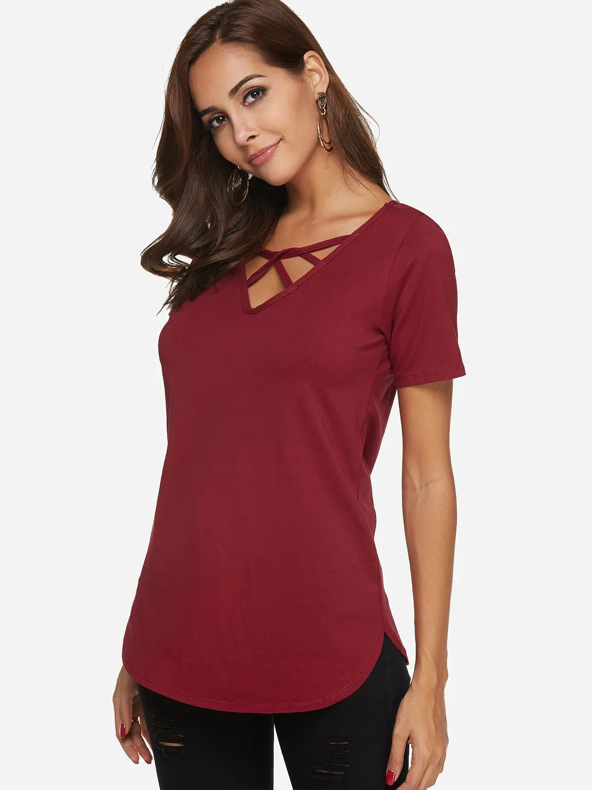 Custom V-Neck Plain Crossed Front Short Sleeve Curved Hem Burgundy T-Shirts