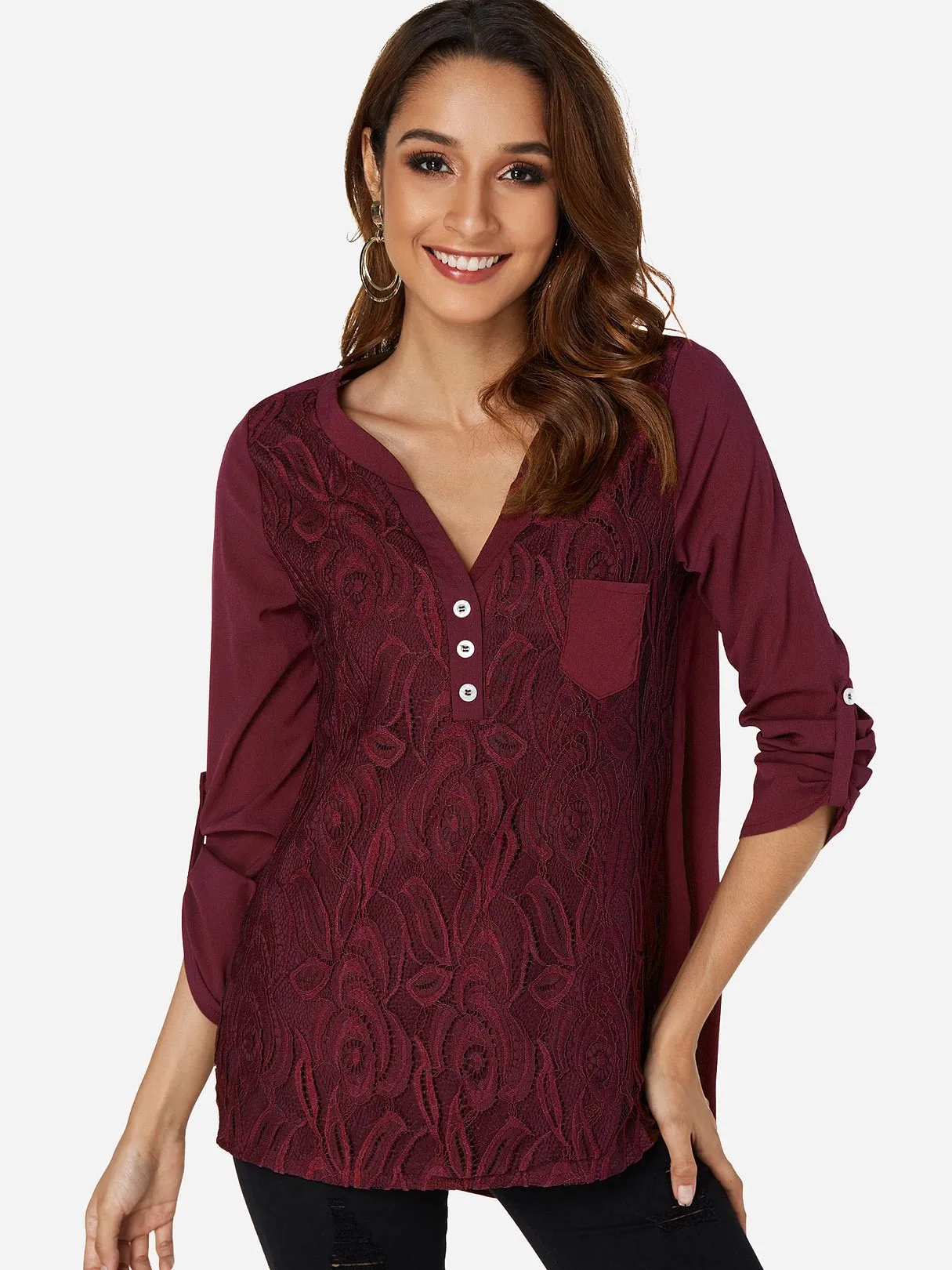 Custom V-Neck Plain Lace Long Sleeve T-Shirts