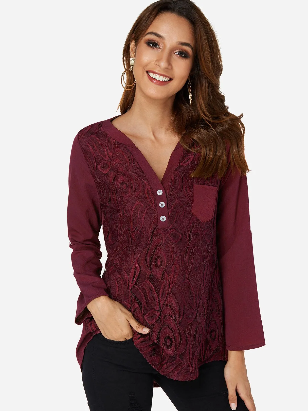 Custom V-Neck Plain Lace Long Sleeve T-Shirts