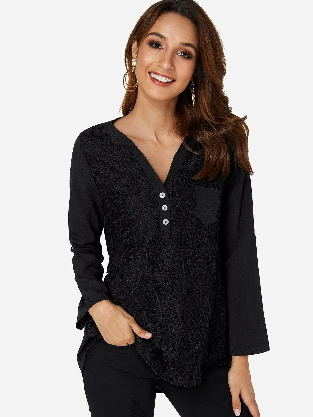 Custom V-Neck Plain Lace Long Sleeve T-Shirts