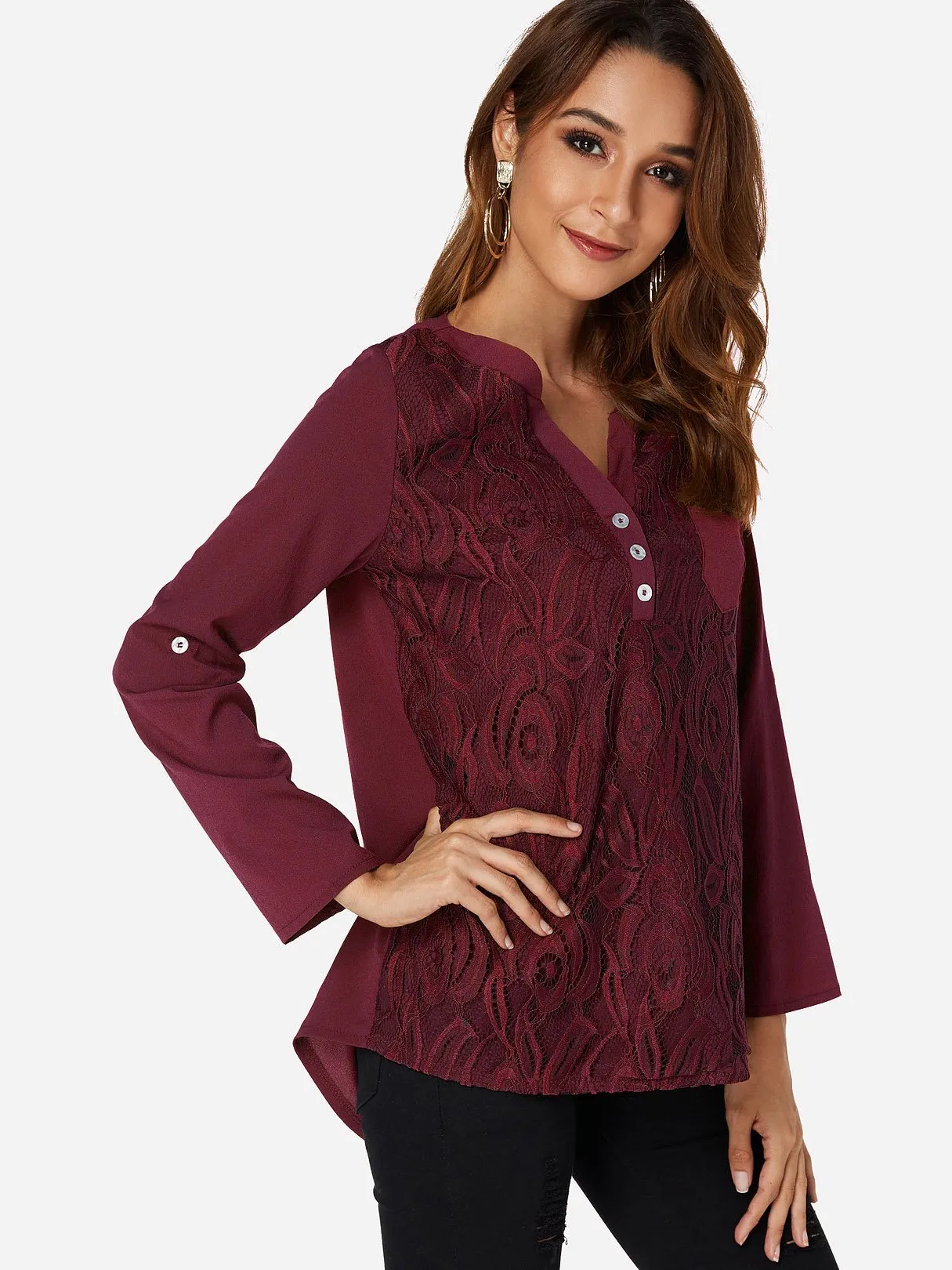 Custom V-Neck Plain Lace Long Sleeve T-Shirts