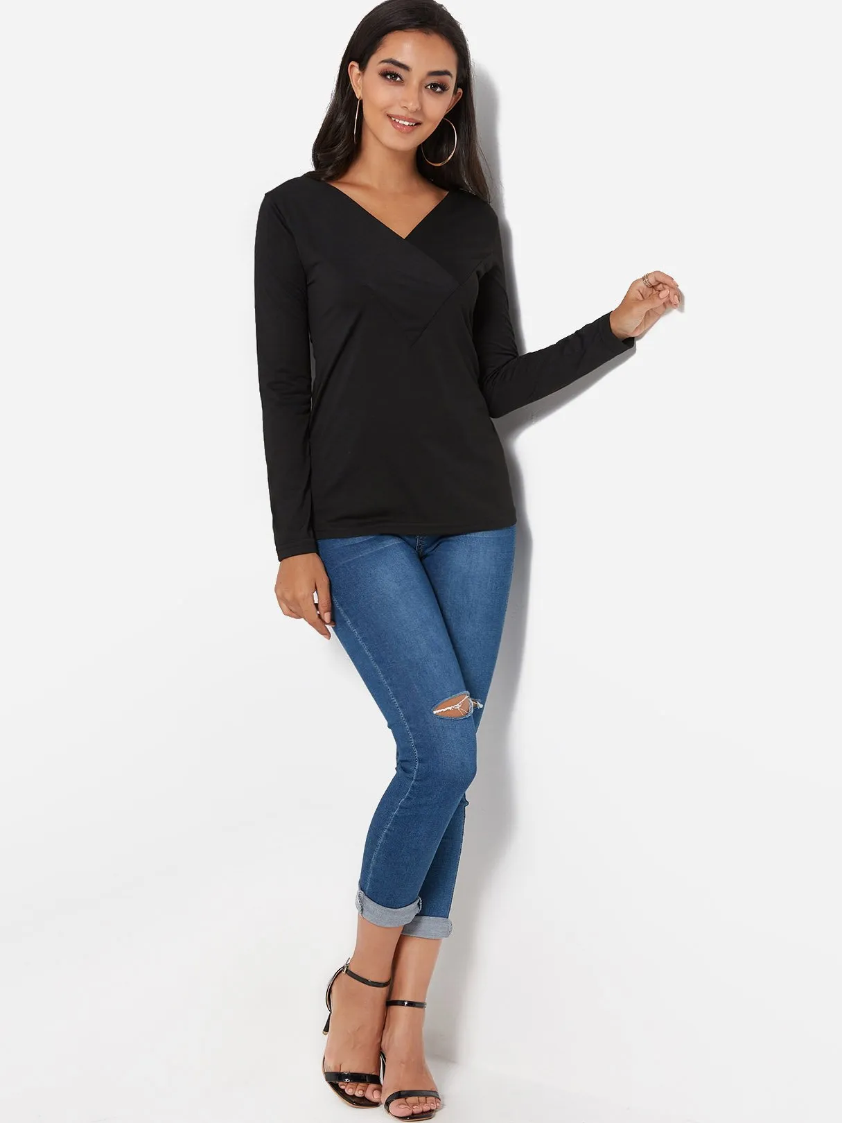 Custom V-Neck Plain Pleated Long Sleeve T-Shirts