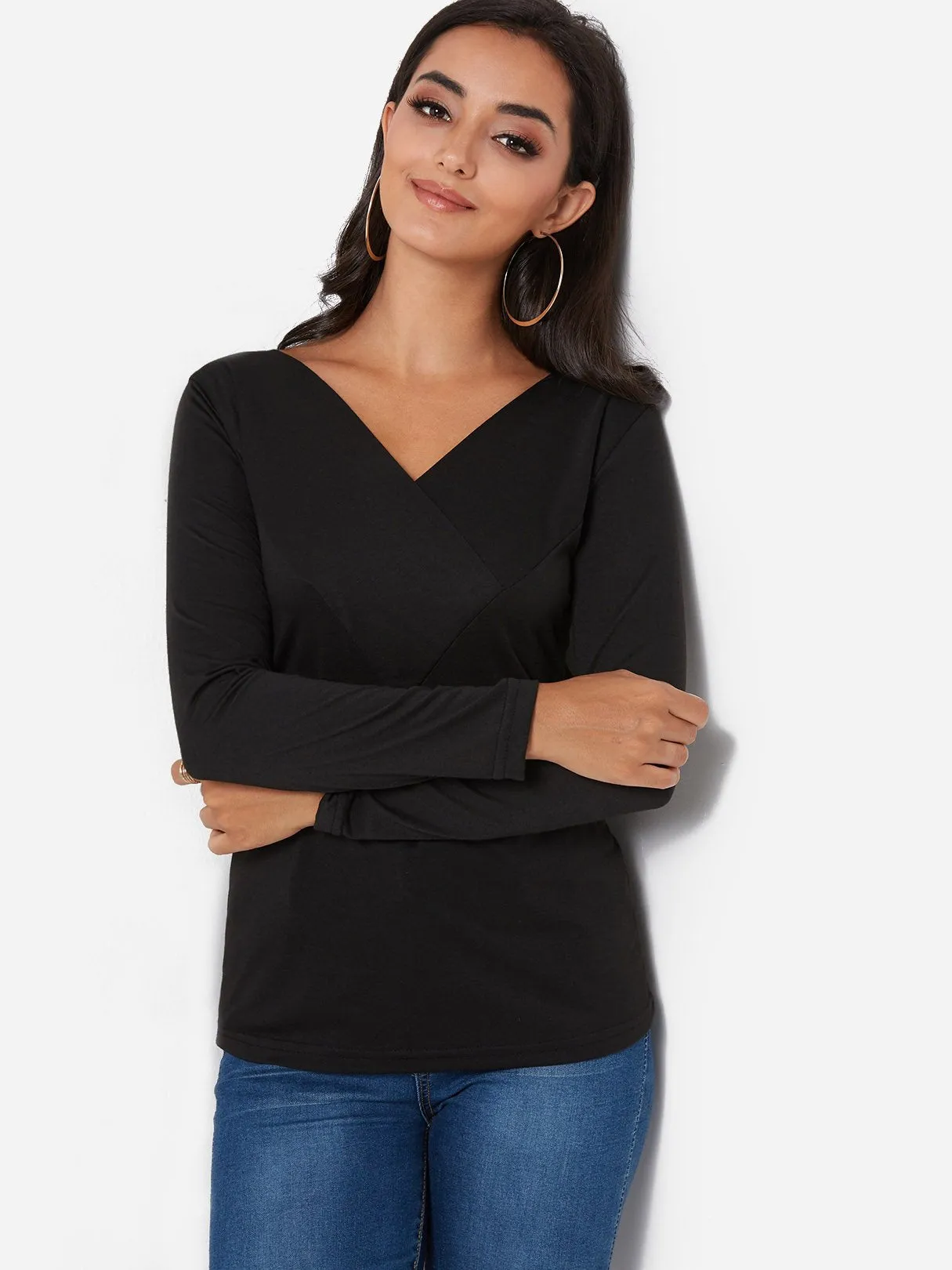 Custom V-Neck Plain Pleated Long Sleeve T-Shirts