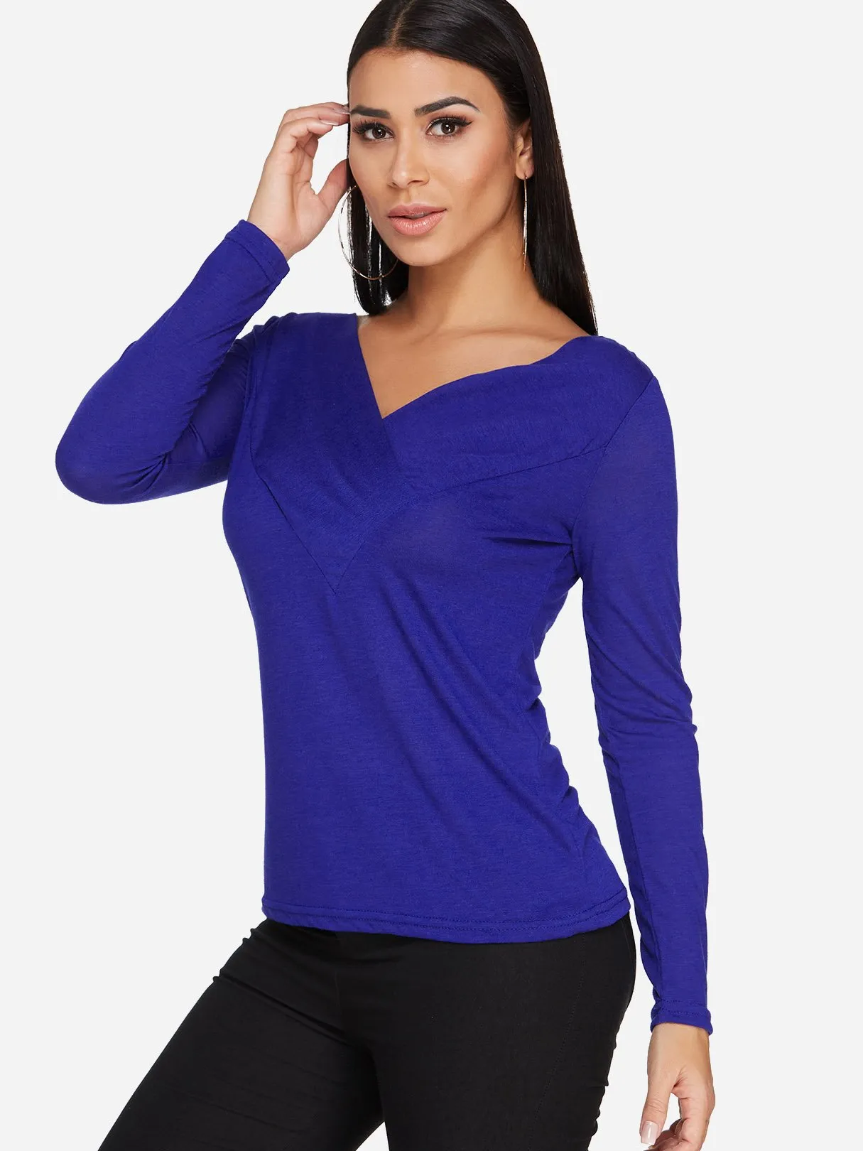 Custom V-Neck Plain Pleated Long Sleeve T-Shirts