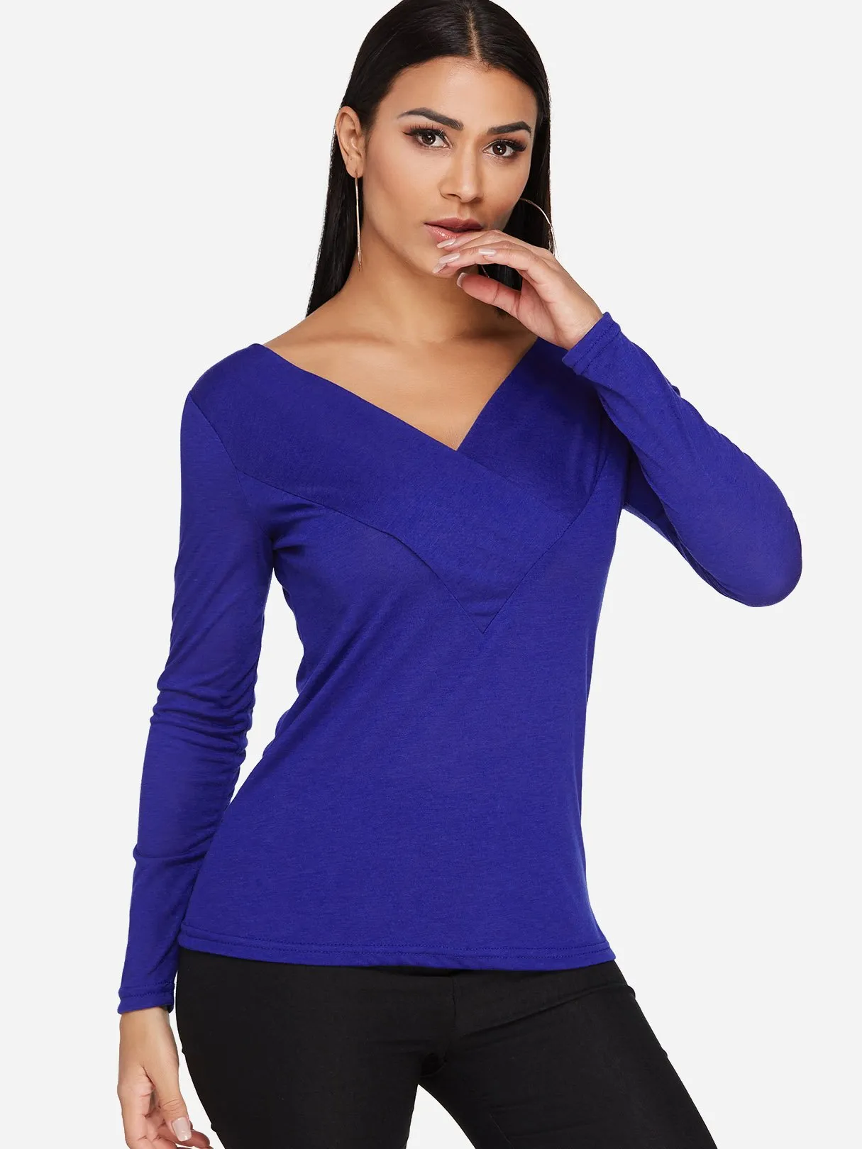 Custom V-Neck Plain Pleated Long Sleeve T-Shirts