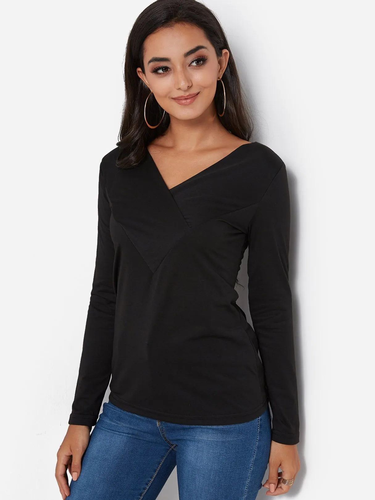 Custom V-Neck Plain Pleated Long Sleeve T-Shirts