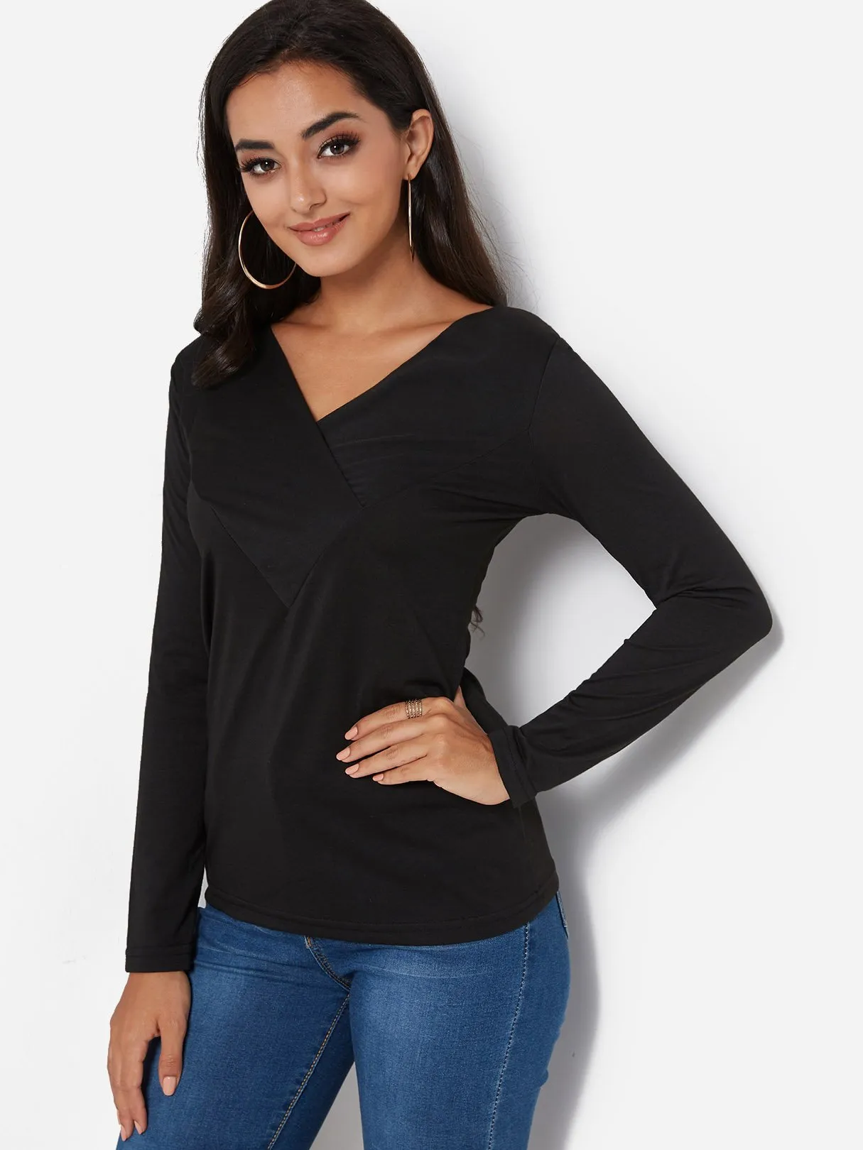 Custom V-Neck Plain Pleated Long Sleeve T-Shirts