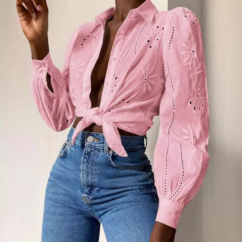 Embroidered Puff Sleeve Shirt Long Sleeve Blouse