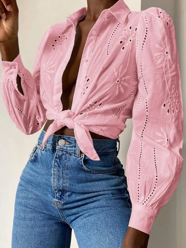 Embroidered Puff Sleeve Shirt Long Sleeve Blouse