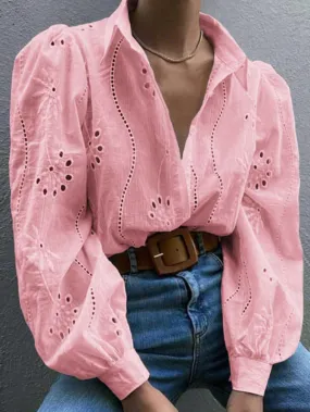 Embroidered Puff Sleeve Shirt Long Sleeve Blouse