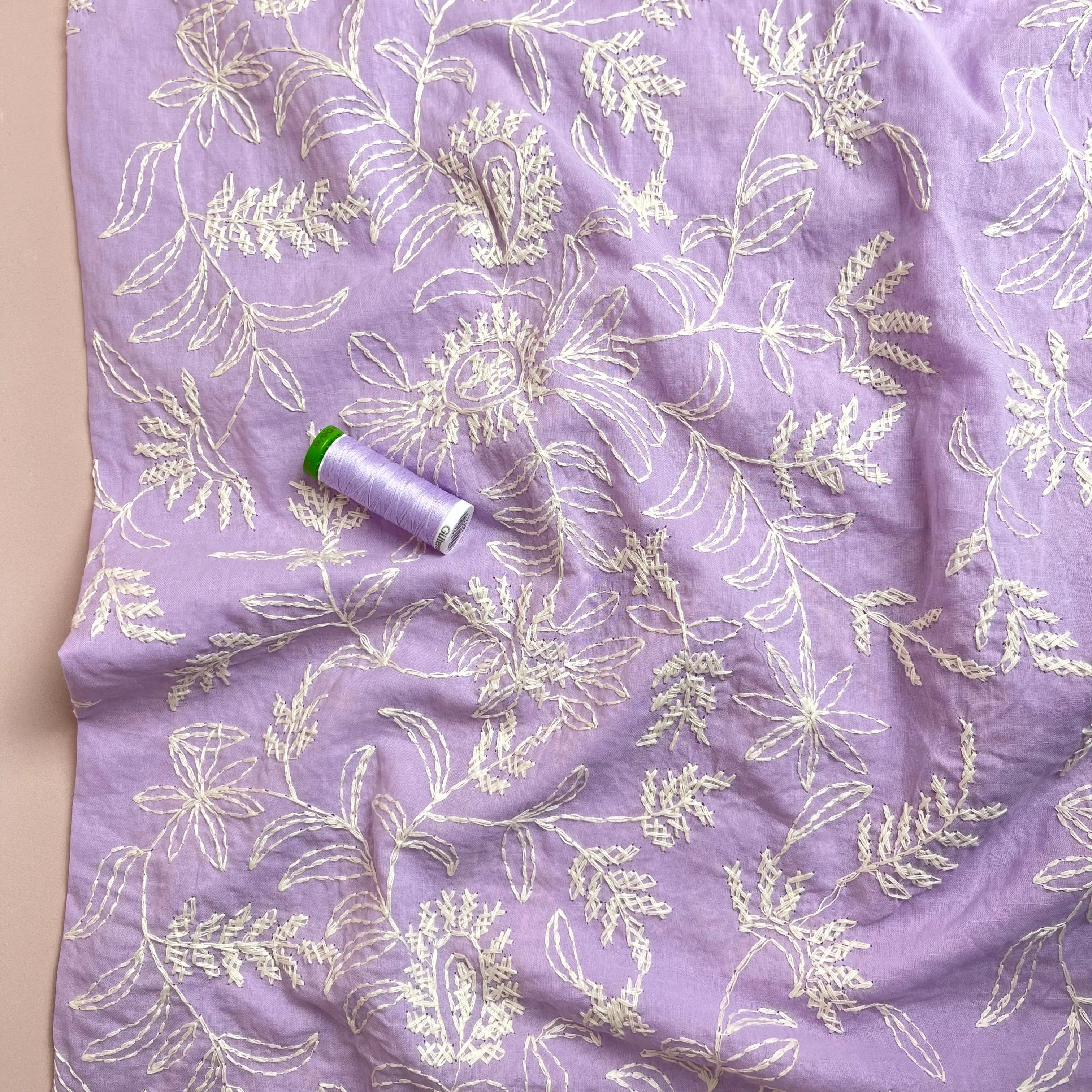 Embroidered Wildflowers on Lilac Cotton Fabric