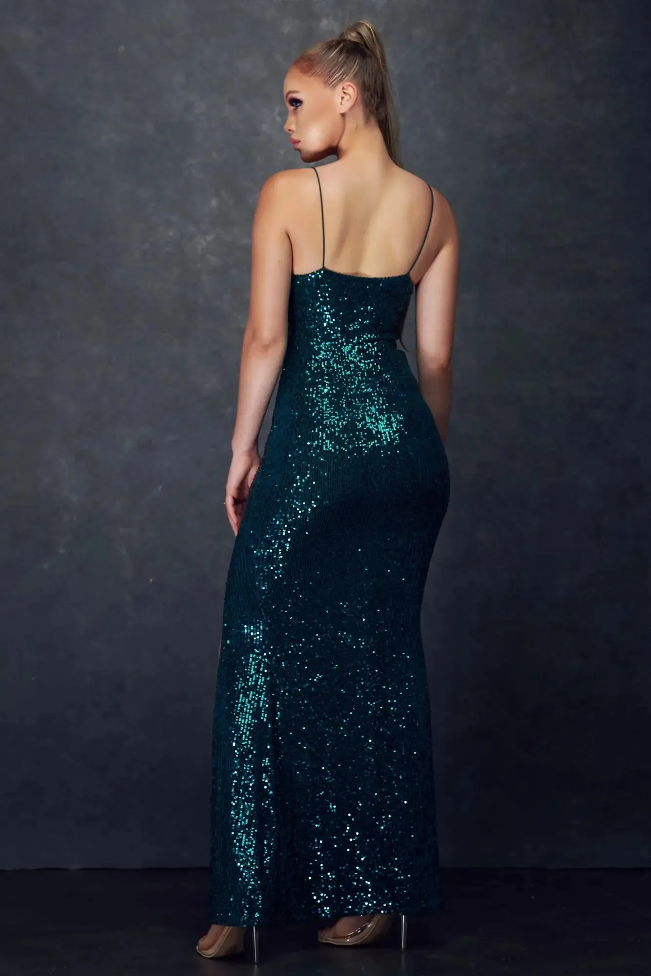 Forest Green Slit Fitted Sequin Dress