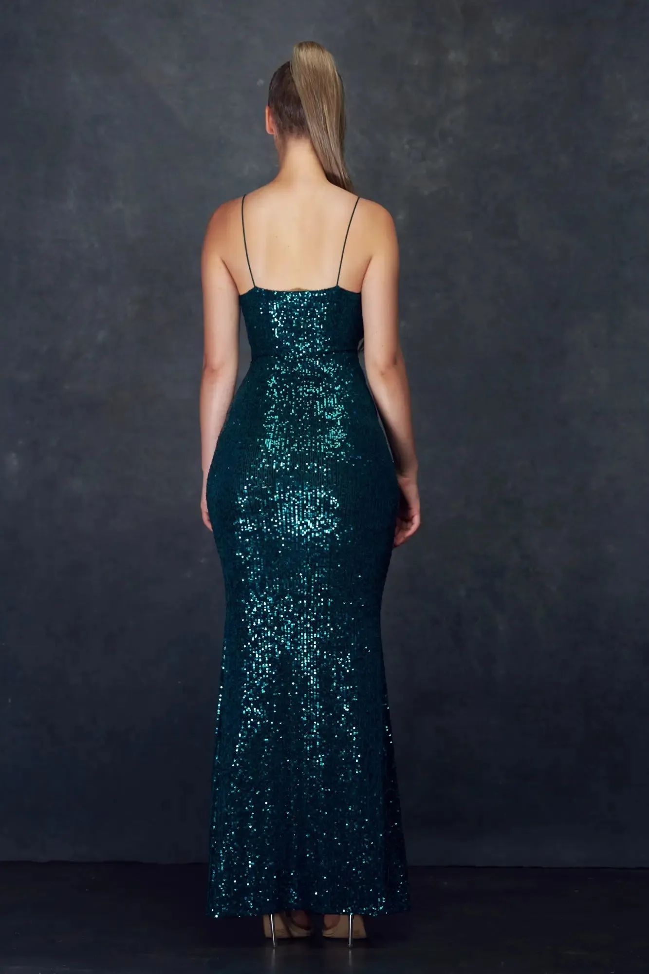 Forest Green Slit Fitted Sequin Dress