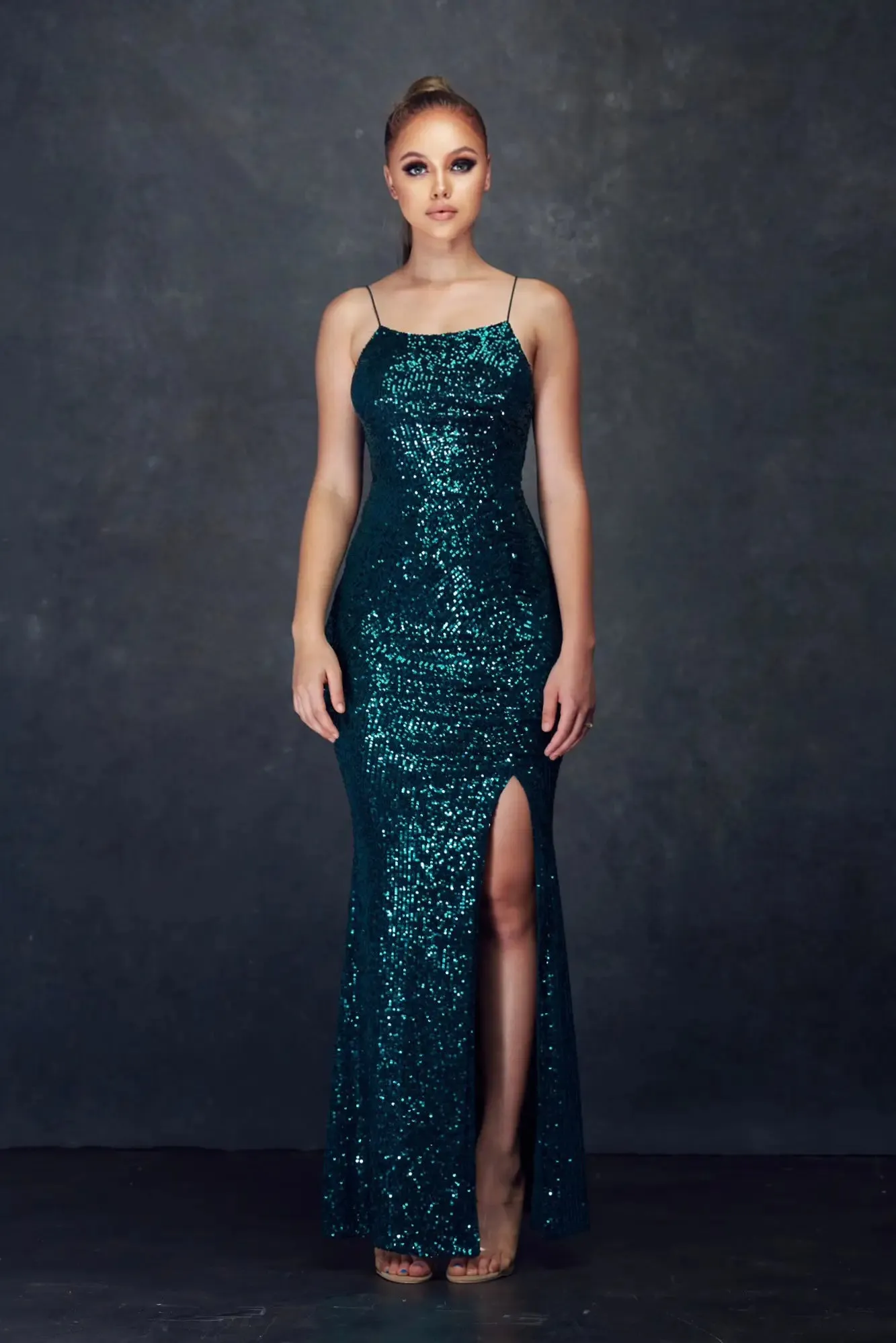 Forest Green Slit Fitted Sequin Dress