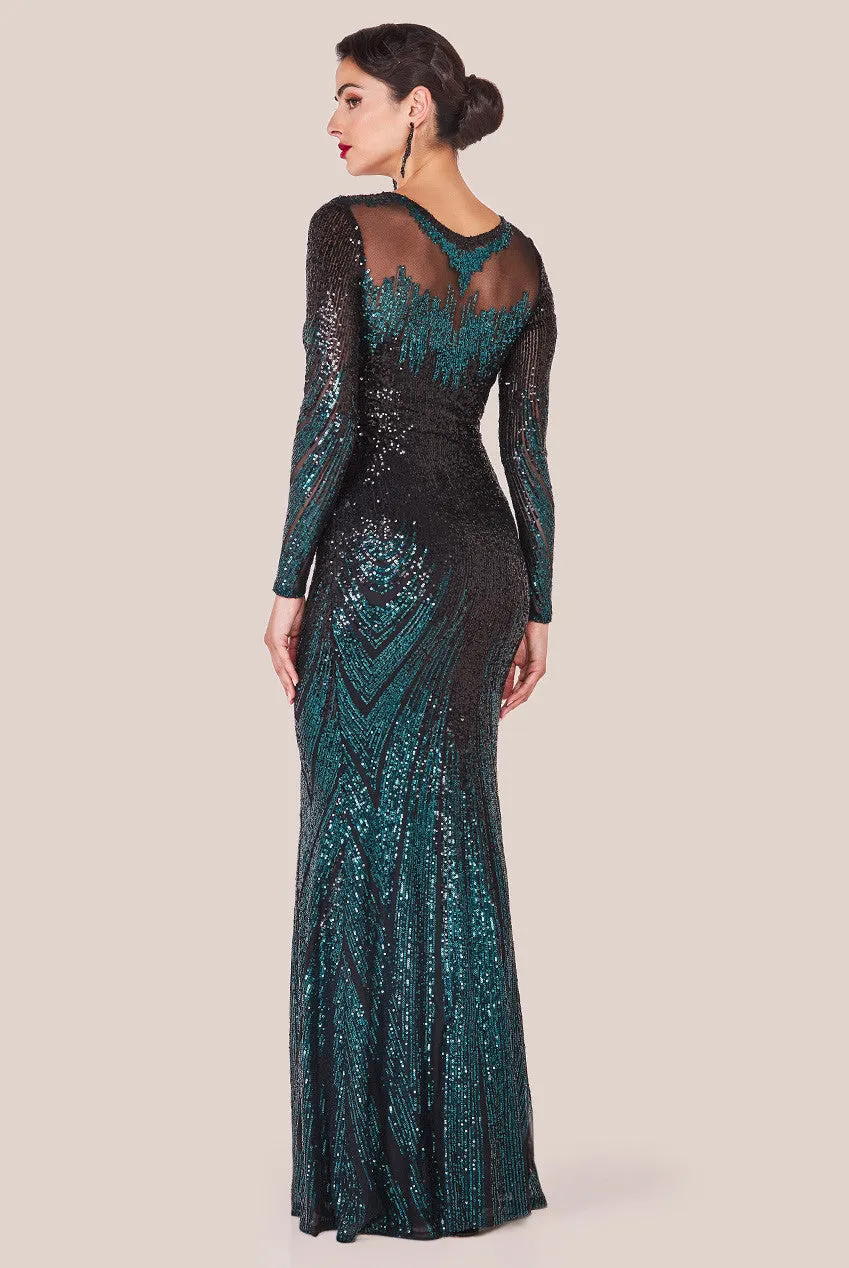 Goddiva Long Sleeve Aztec Sequin Maxi Dress - Emerald Green