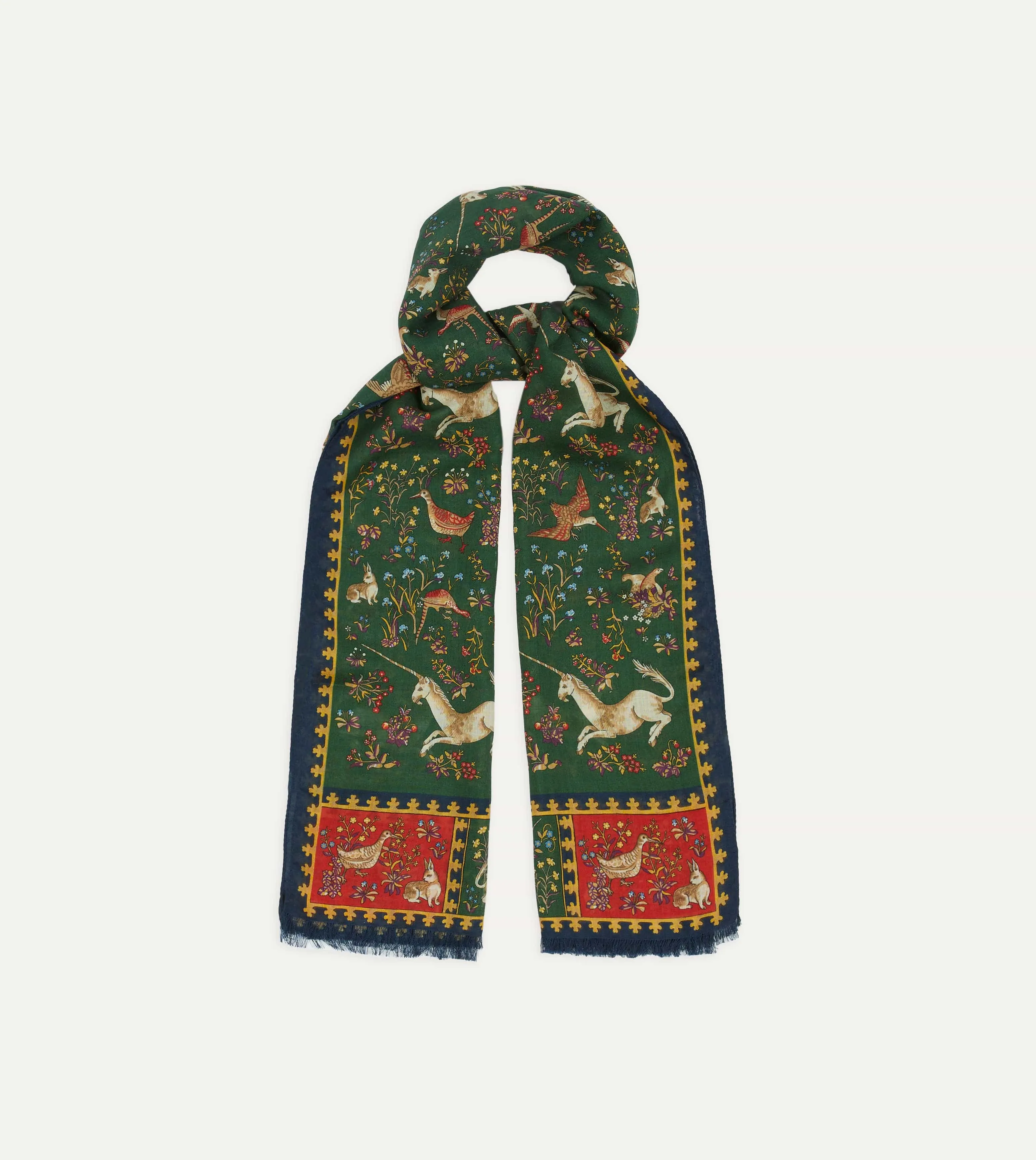 Green Unicorn Print Wool-Silk Scarf