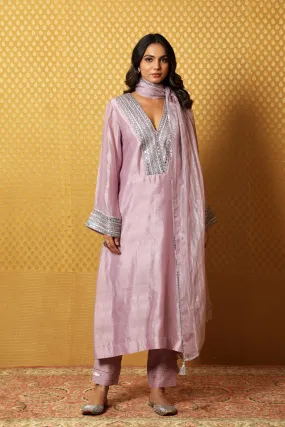 Hand-Embroidered Lavender Pure Silk Kurta-Pants Set