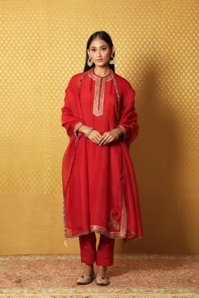 Hand-Embroidered Red Pure Katan-Silk Kurta-Pants Set