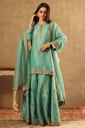 Handwoven Sea Blue Silk Cotton Striped Sharara Set