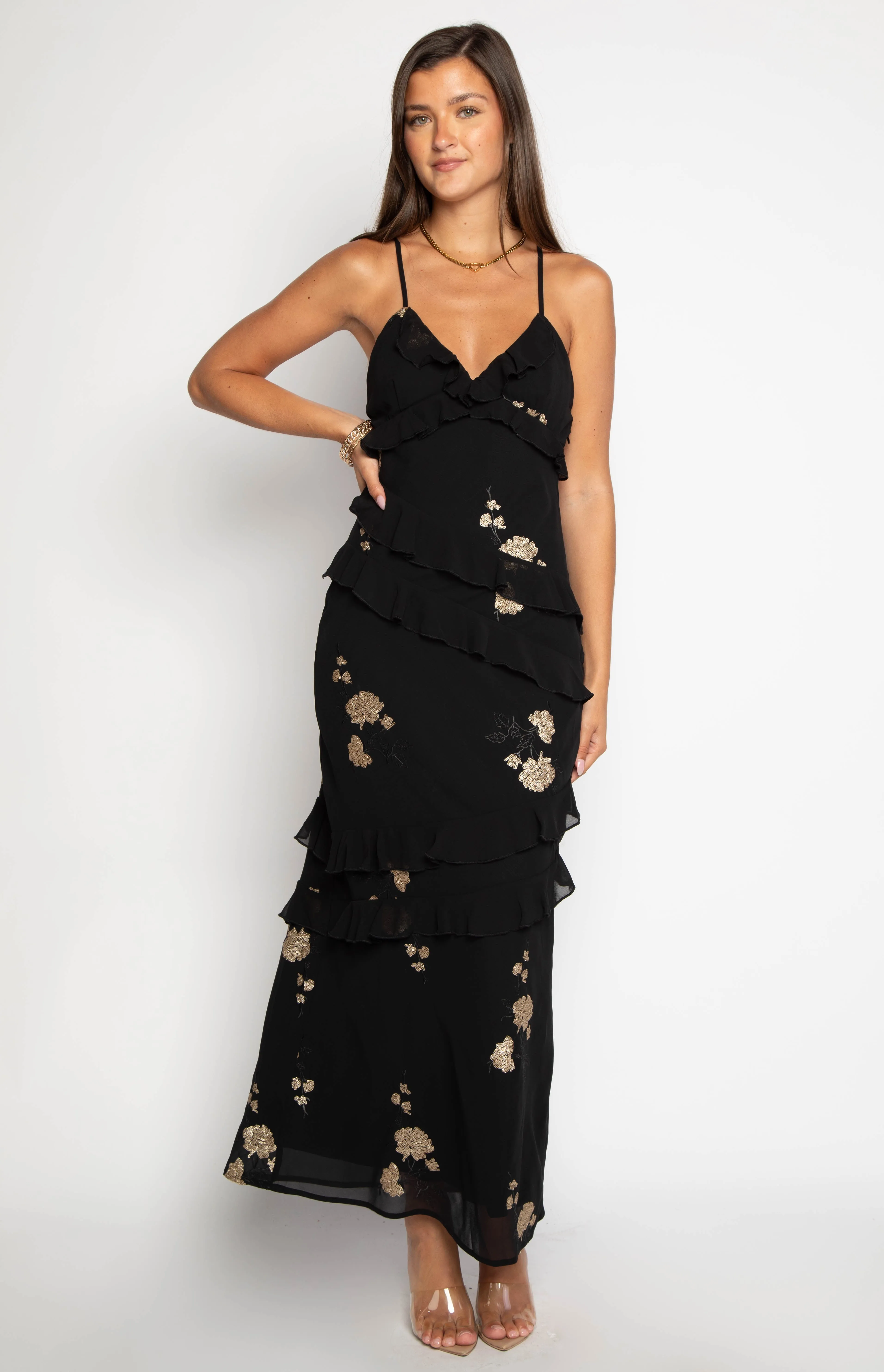 Inara Black Sequin Ruffle Maxi Dress