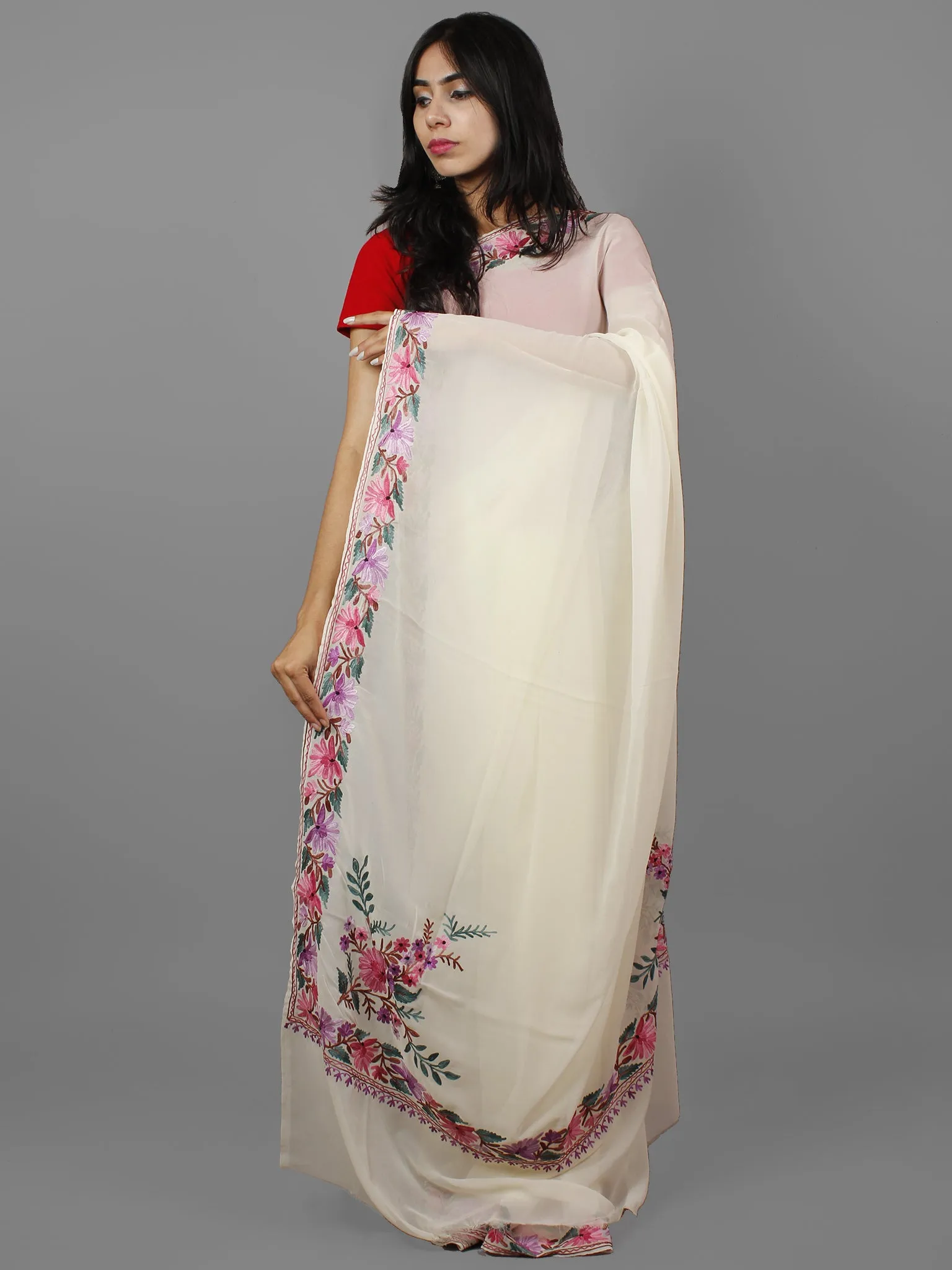 Ivory Lavender Green Brown Aari Embroidered Chiffon Saree From Kashmir  - S031702166