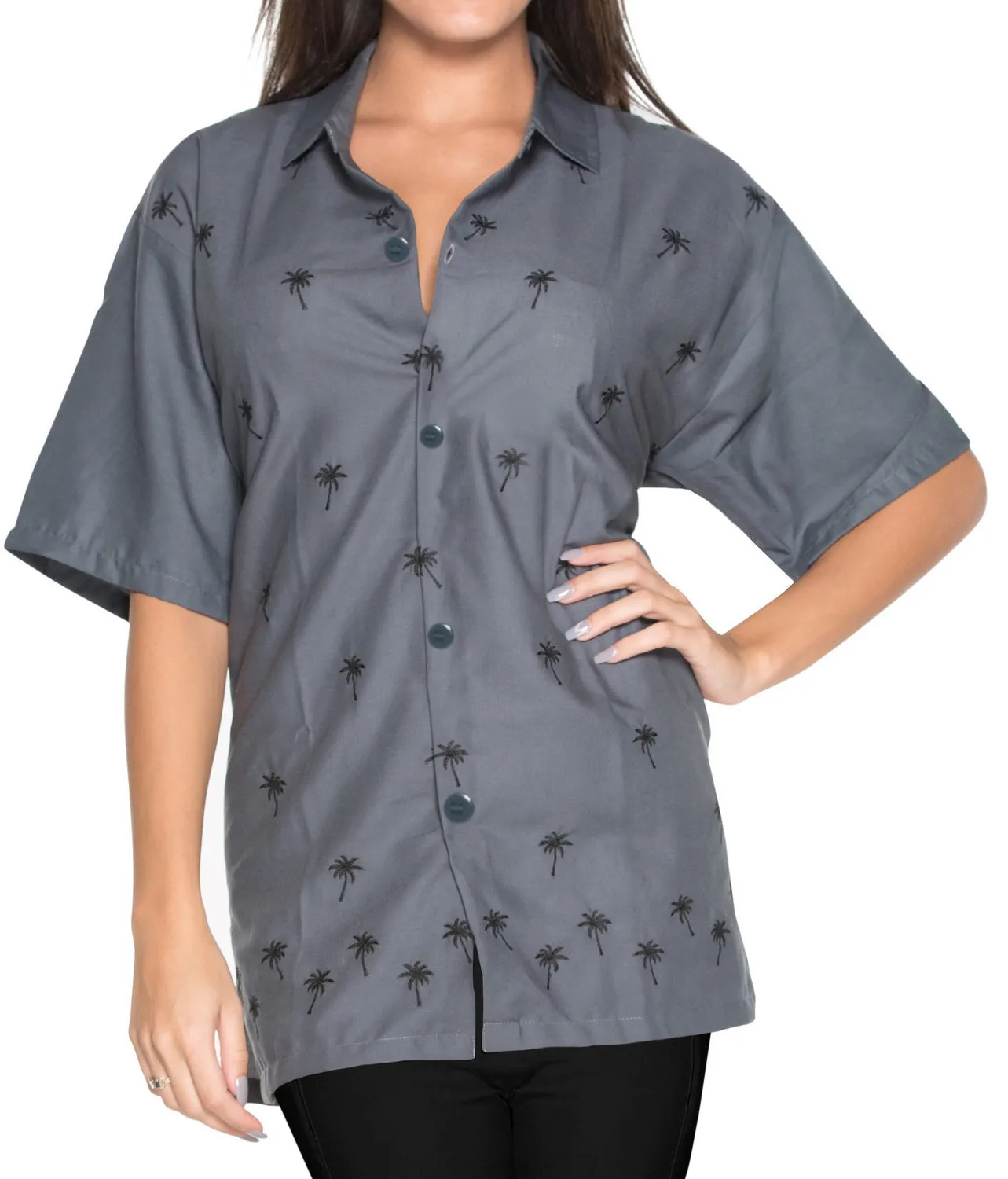 LA LEELA Women's Beach Casual Hawaiian Blouse Short Sleeve button Down Shirt Grey