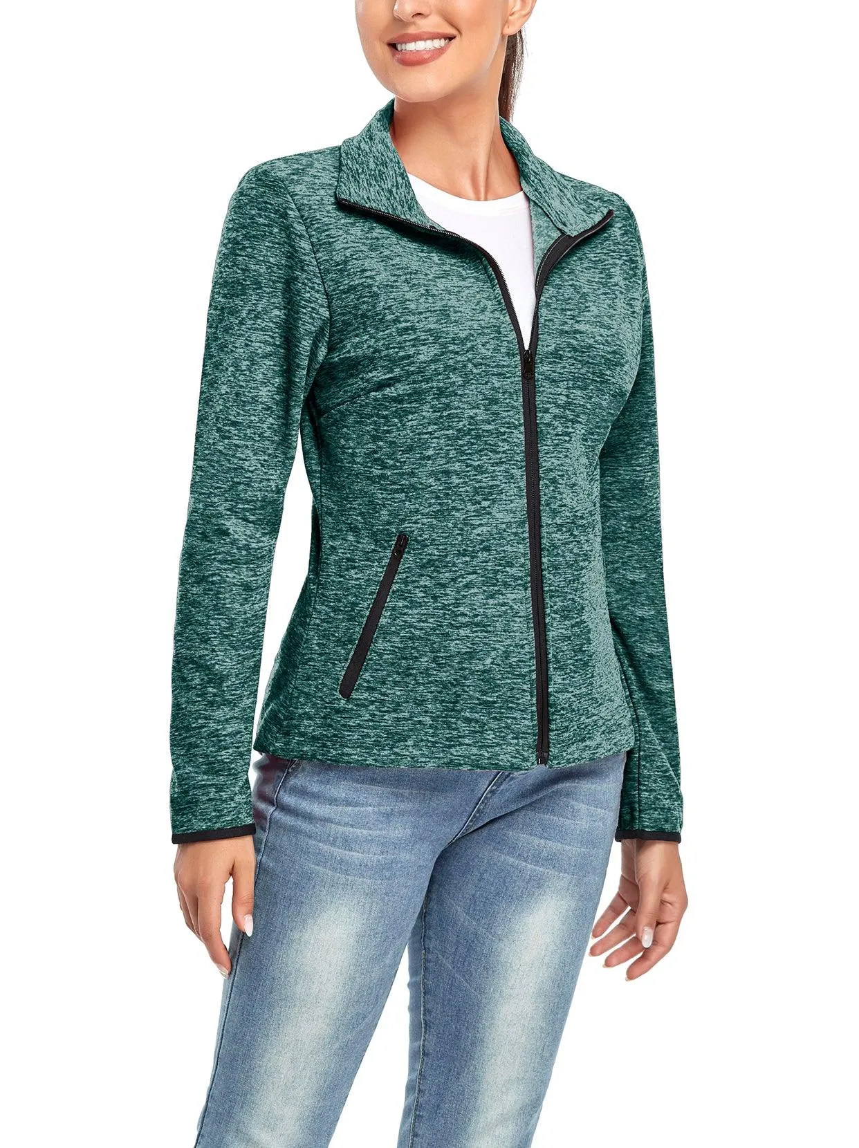 Lake Green Stand-collar Long-sleeve Fleece Jacket For Women