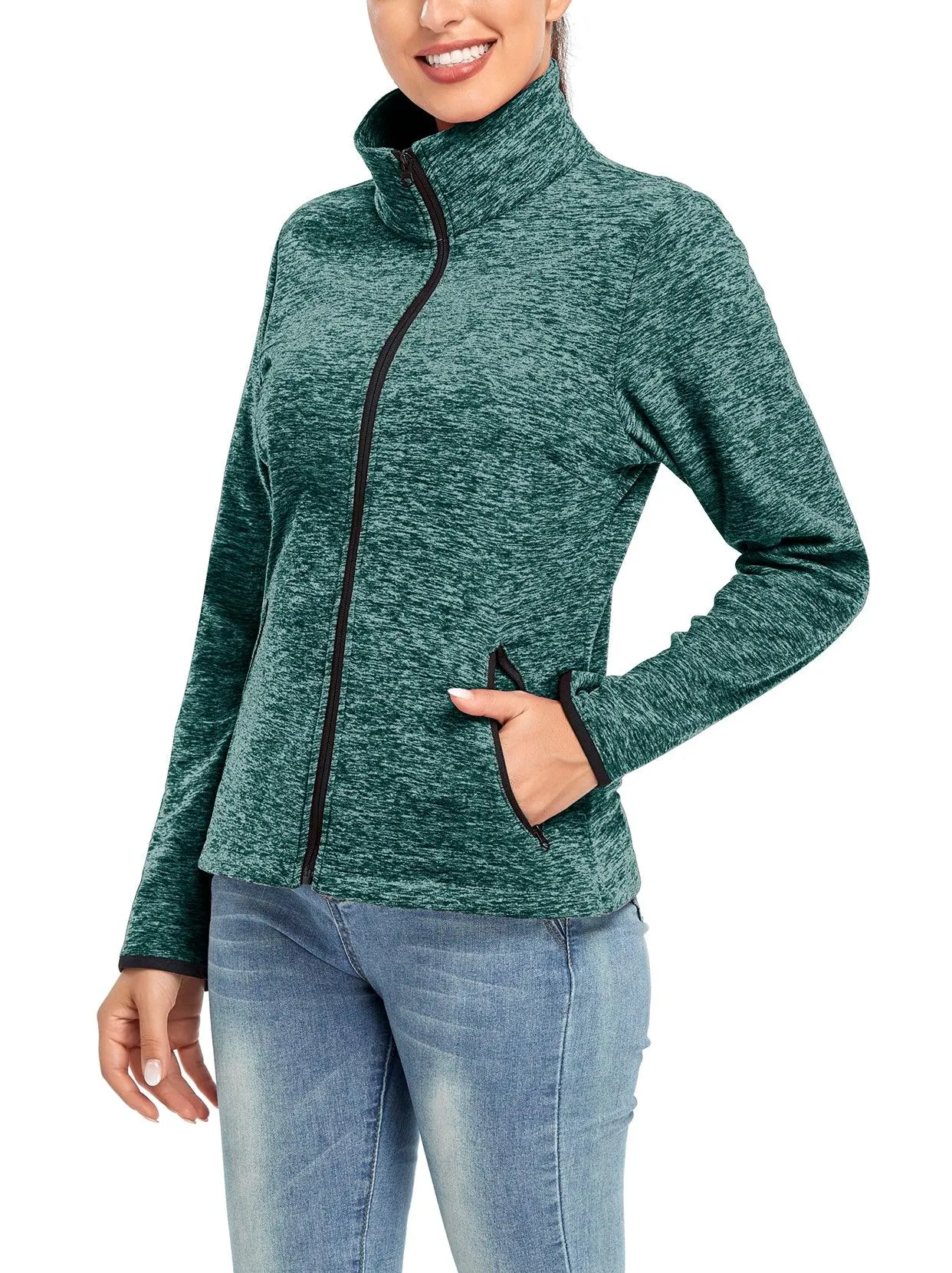 Lake Green Stand-collar Long-sleeve Fleece Jacket For Women