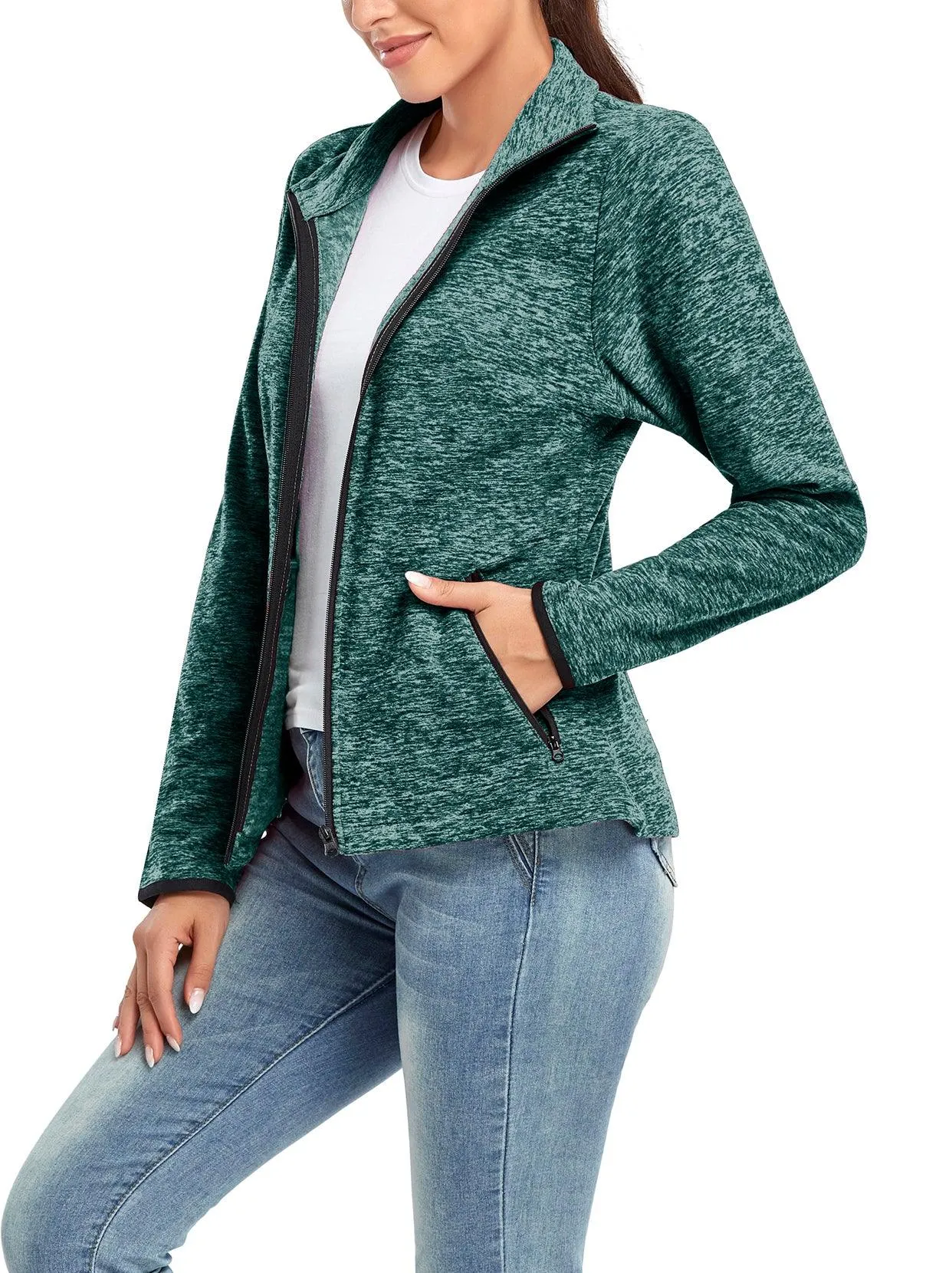 Lake Green Stand-collar Long-sleeve Fleece Jacket For Women