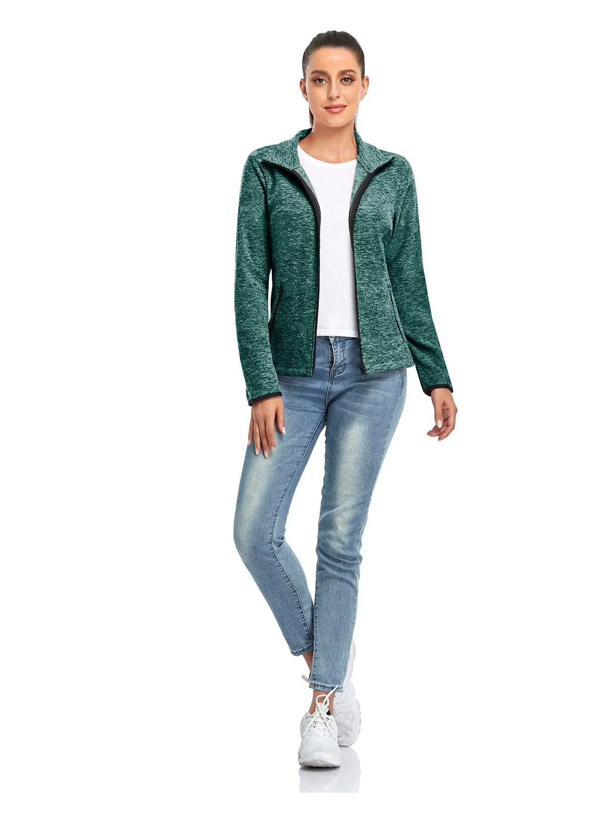 Lake Green Stand-collar Long-sleeve Fleece Jacket For Women