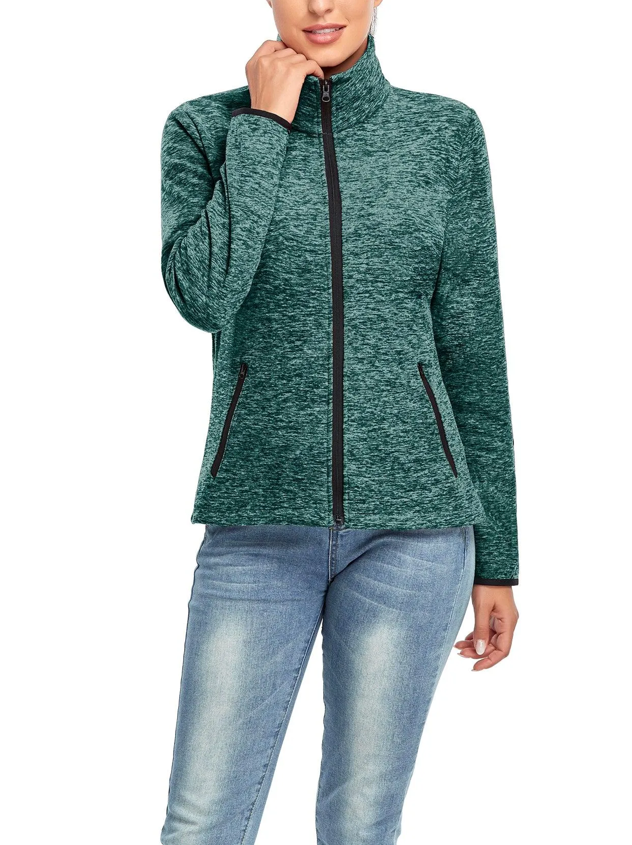 Lake Green Stand-collar Long-sleeve Fleece Jacket For Women