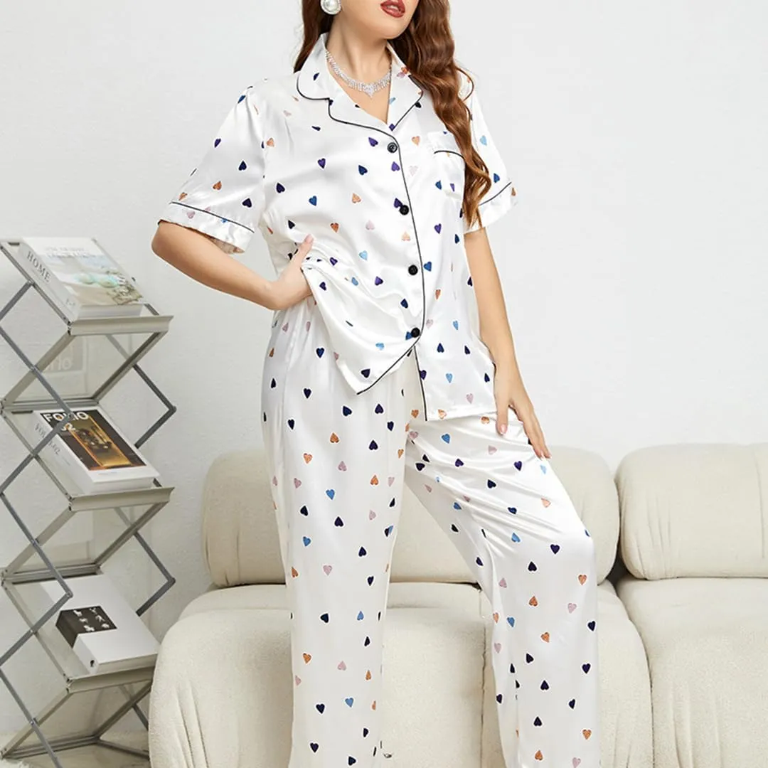 Love Heart Printed 100% Silk Pajamas Set For Women