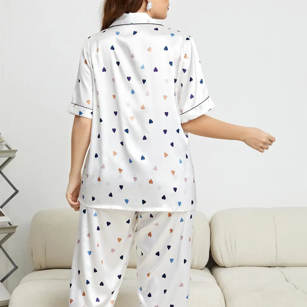 Love Heart Printed 100% Silk Pajamas Set For Women