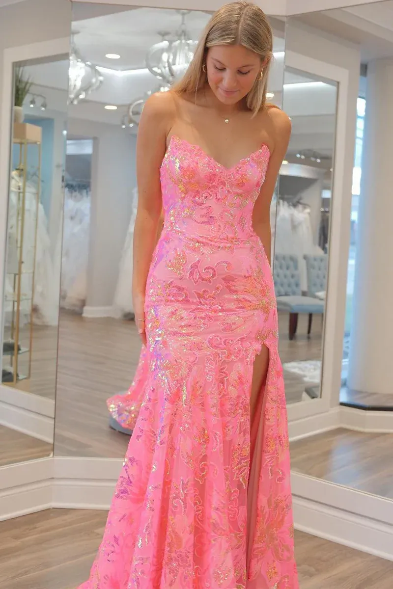 Mermaid Strapless Pink Sequin Lace Long Prom Dresses