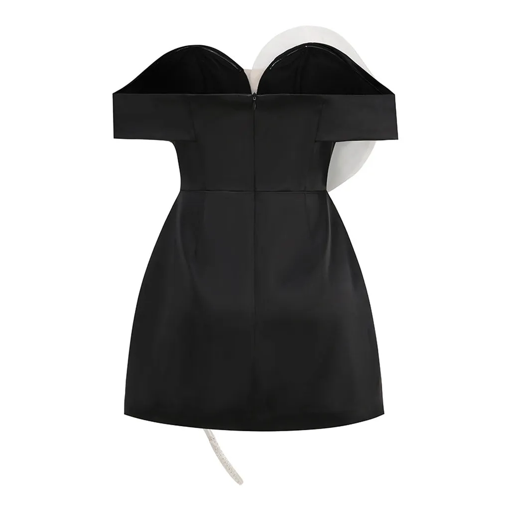 Minimalist Pealized Rosette Applique Off Shoulder Satin Mini Party Dress