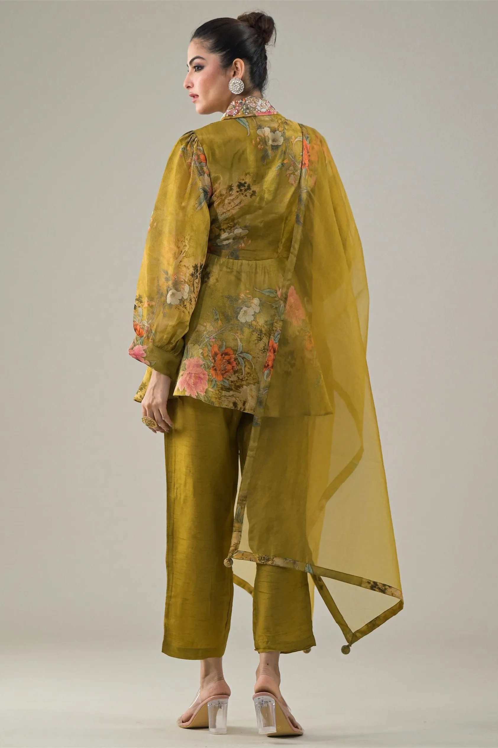 Mustard Floral Printed Shimmer Silk Pants Set