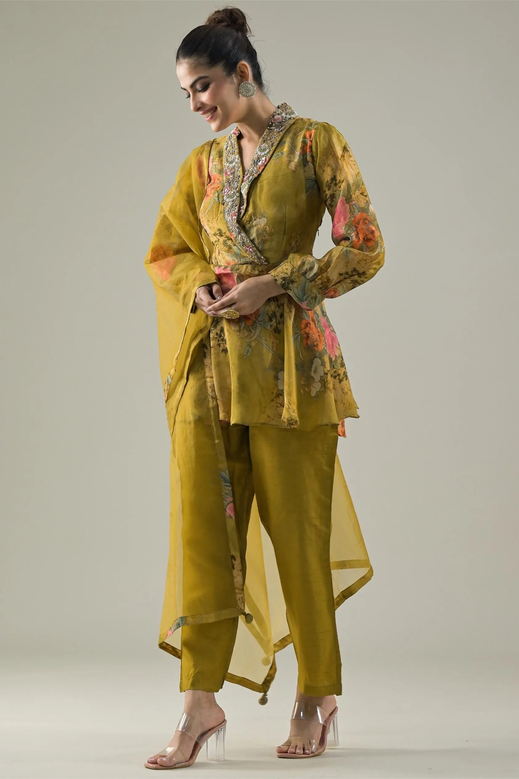 Mustard Floral Printed Shimmer Silk Pants Set