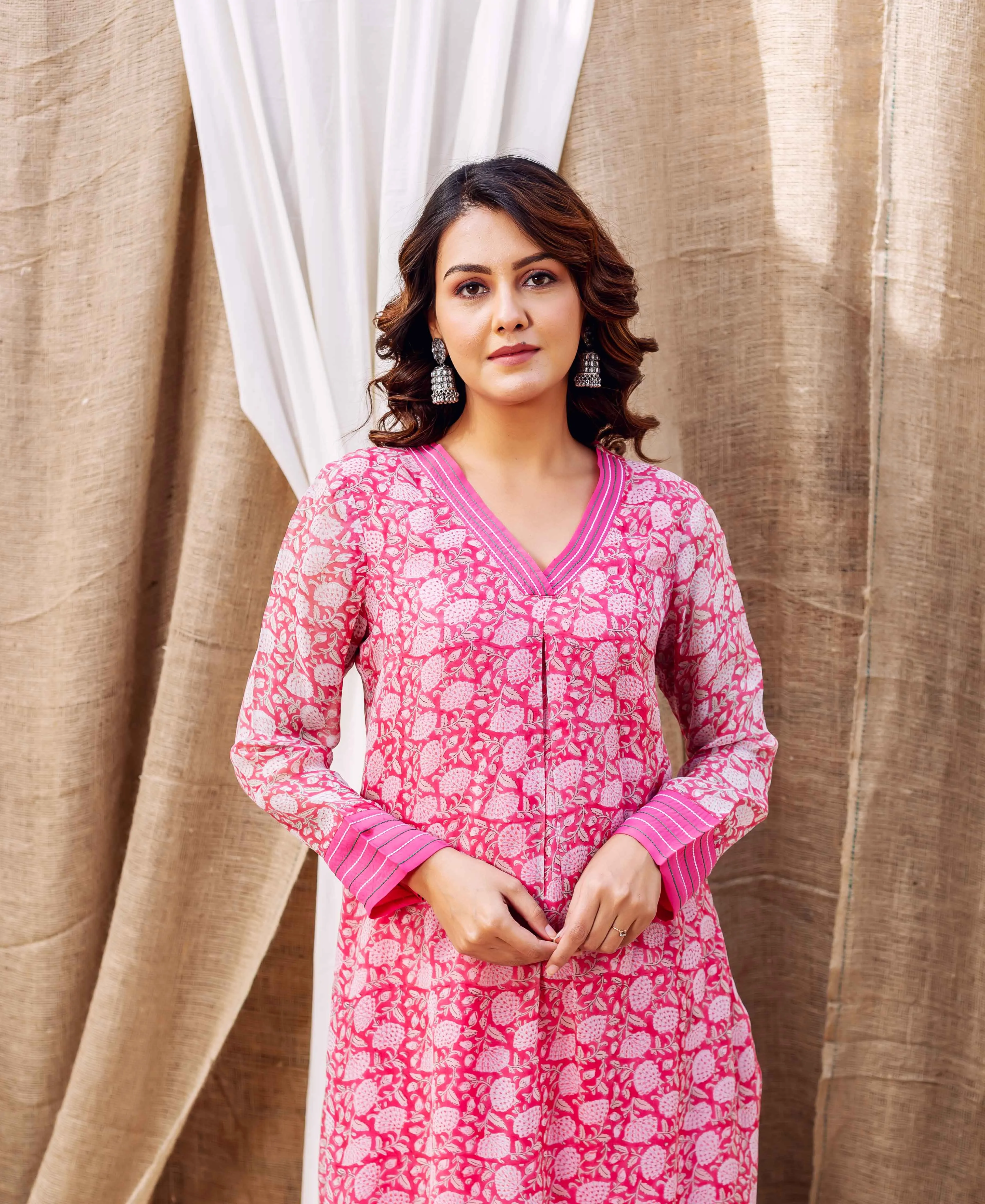 Naina's Pink Hand Printed Organza Kurta