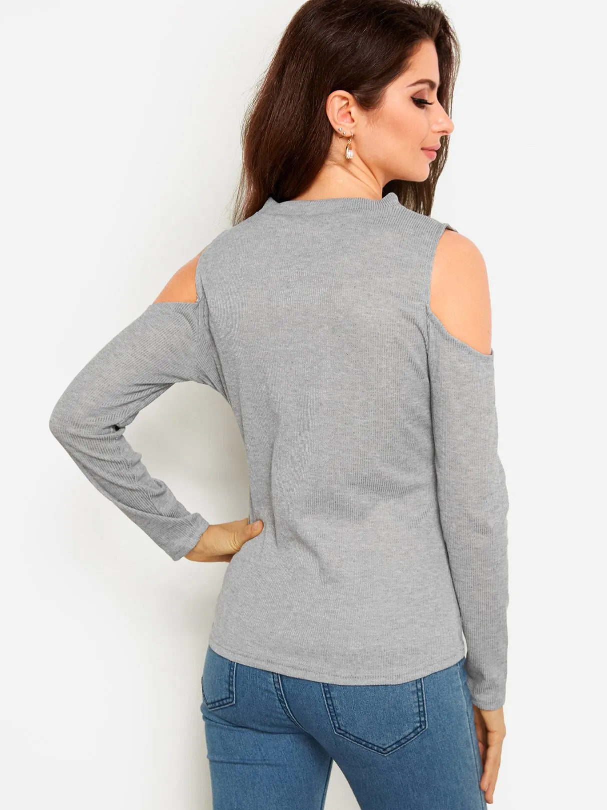 OEM ODM Cold Shoulder Choker Neck Plain Long Sleeve Grey T-Shirts