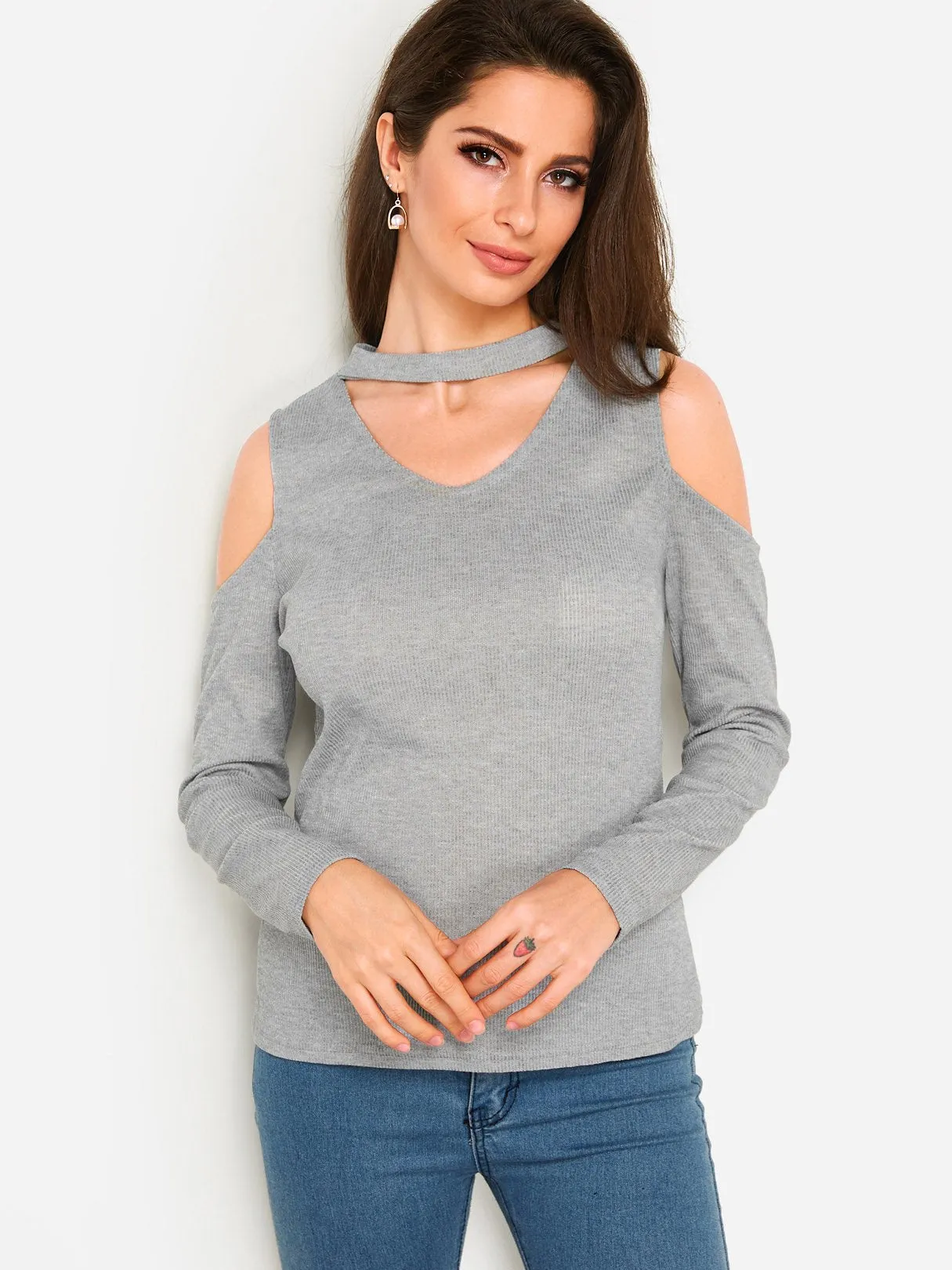 OEM ODM Cold Shoulder Choker Neck Plain Long Sleeve Grey T-Shirts