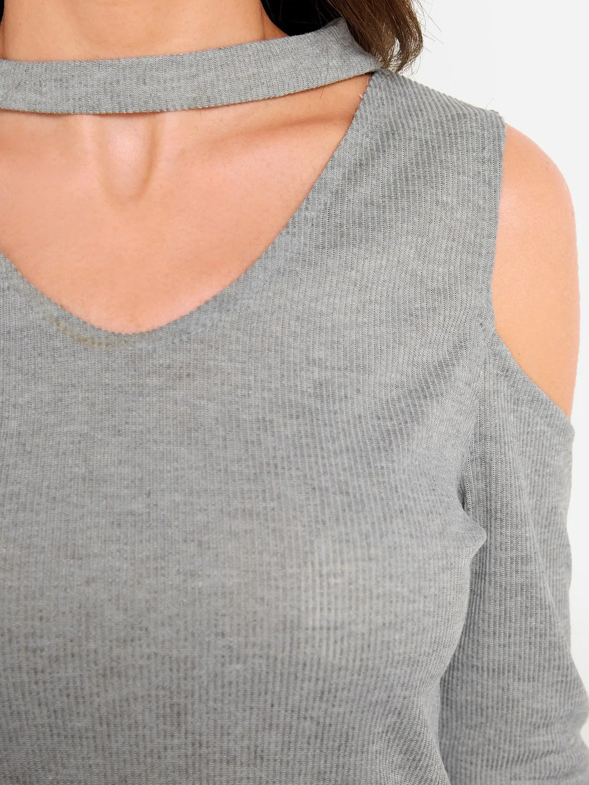 OEM ODM Cold Shoulder Choker Neck Plain Long Sleeve Grey T-Shirts