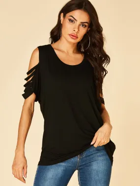 OEM ODM Cold Shoulder Plain Cut Out Short Sleeve Black T-Shirts