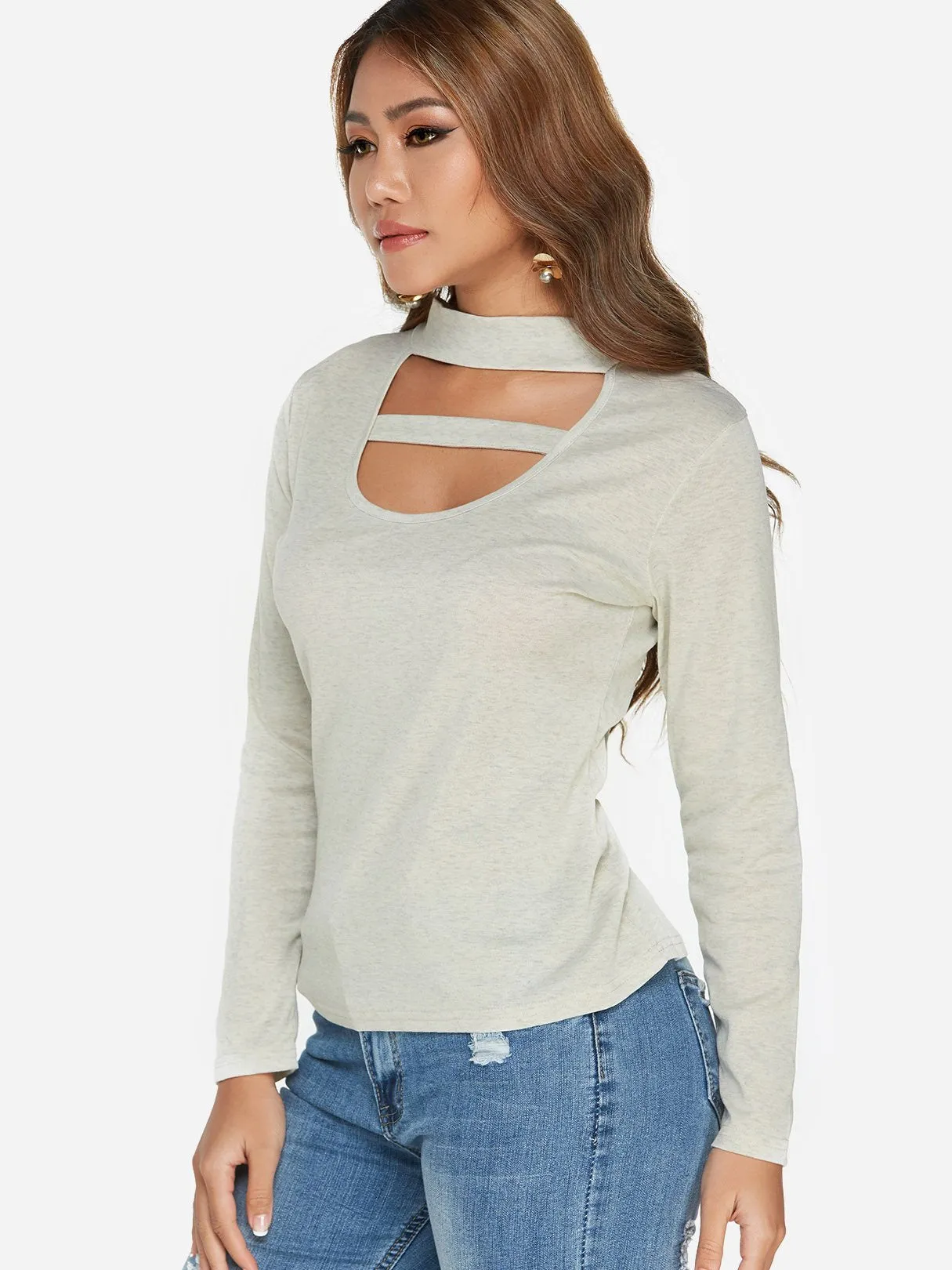 OEM ODM Perkins Collar Plain Cut Out Long Sleeve Grey T-Shirts