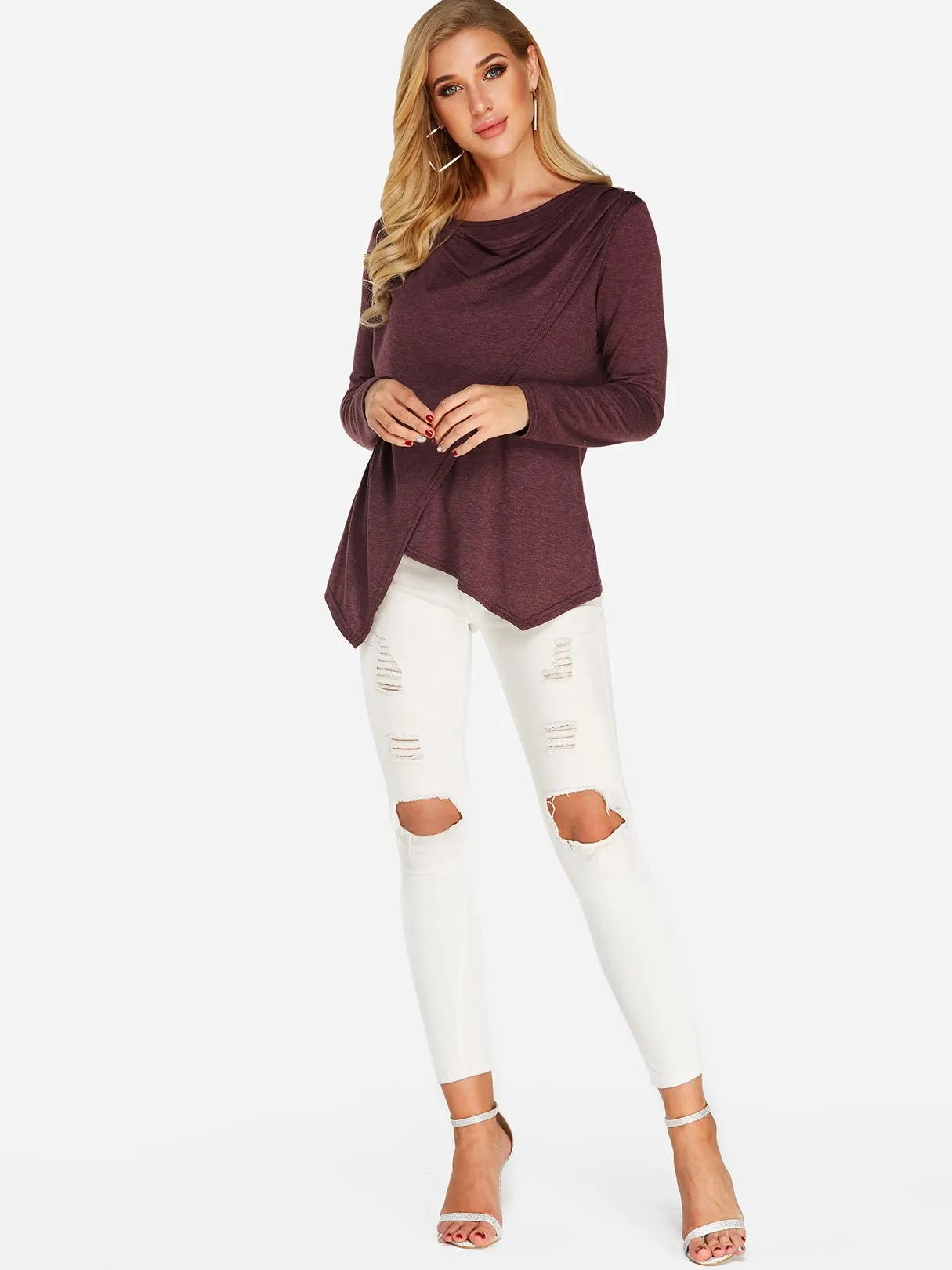 OEM ODM Plain Crossed Front Long Sleeve Irregular Hem Purple T-Shirts