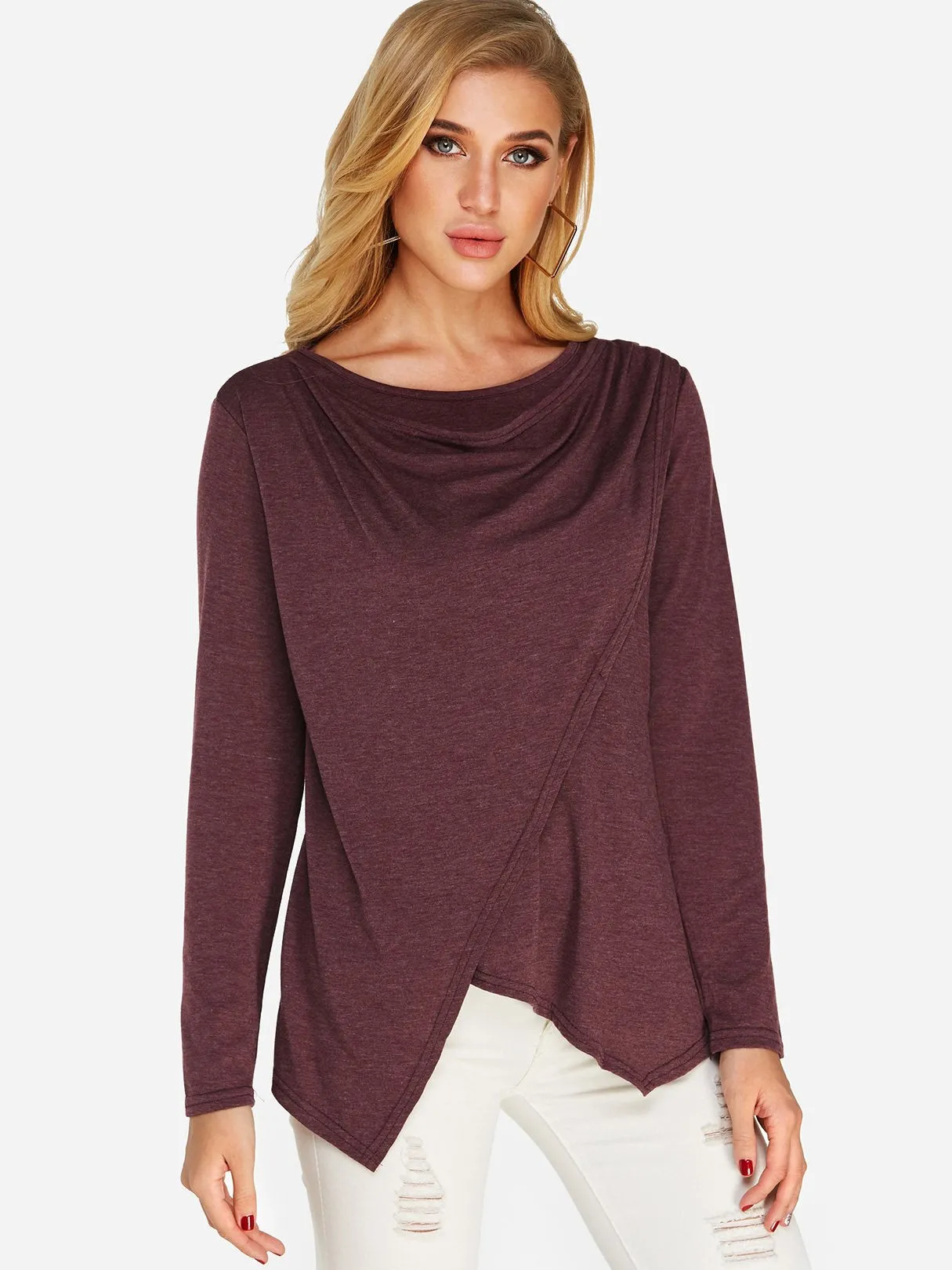 OEM ODM Plain Crossed Front Long Sleeve Irregular Hem Purple T-Shirts