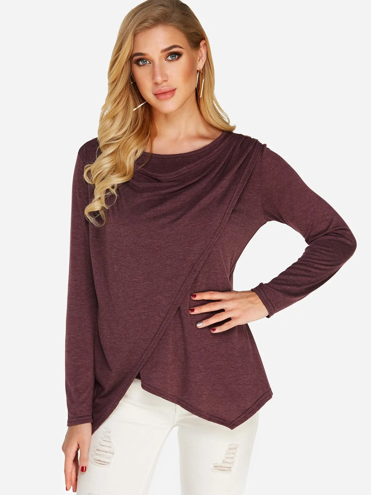 OEM ODM Plain Crossed Front Long Sleeve Irregular Hem Purple T-Shirts