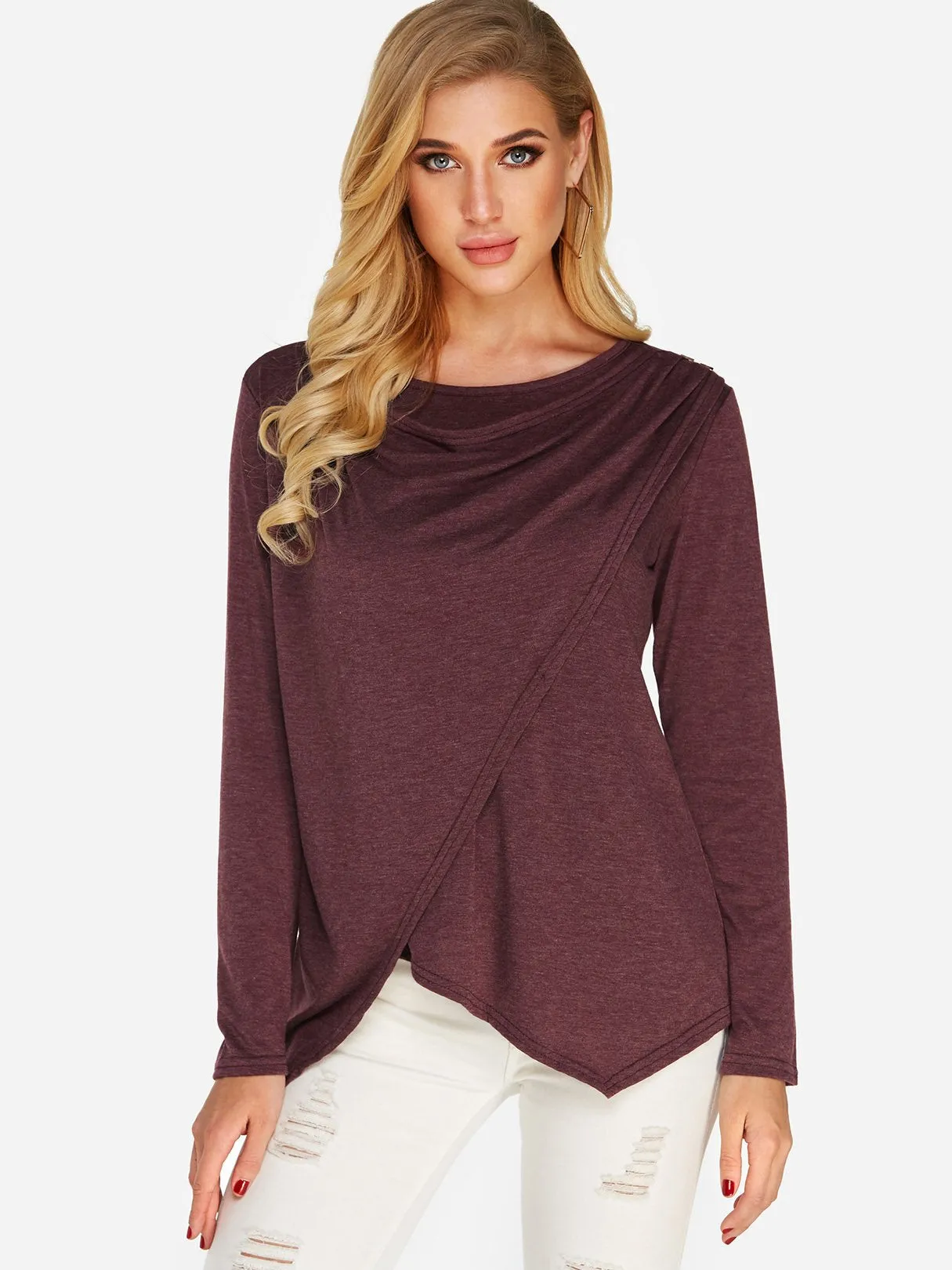 OEM ODM Plain Crossed Front Long Sleeve Irregular Hem Purple T-Shirts