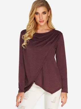 OEM ODM Plain Crossed Front Long Sleeve Irregular Hem Purple T-Shirts