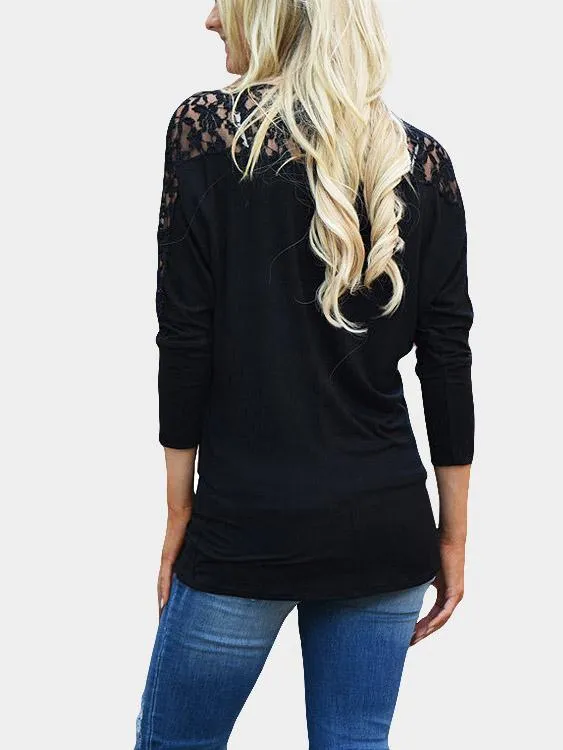 OEM ODM Round Neck Plain Lace Long Sleeve Black T-Shirts